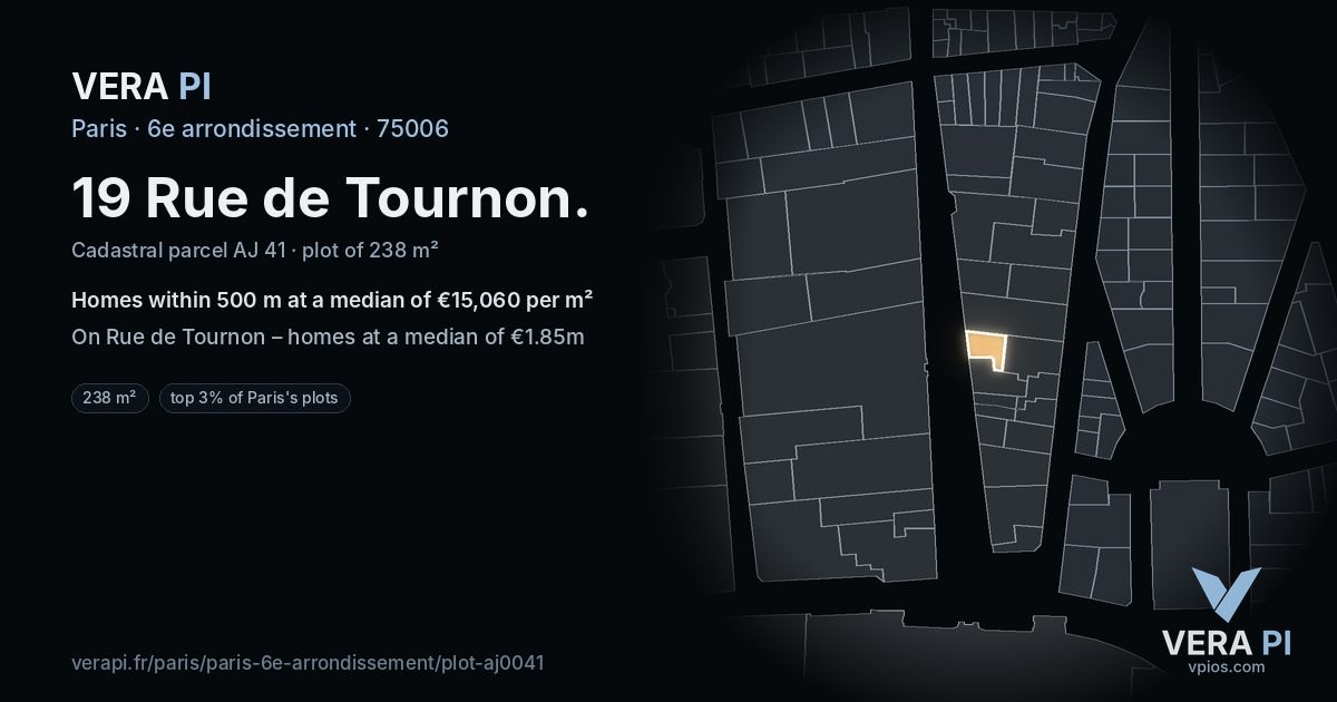 19 Rue de Tournon, 6e arrondissement at night – the plot lit, the parcels around coloured by the prices near them