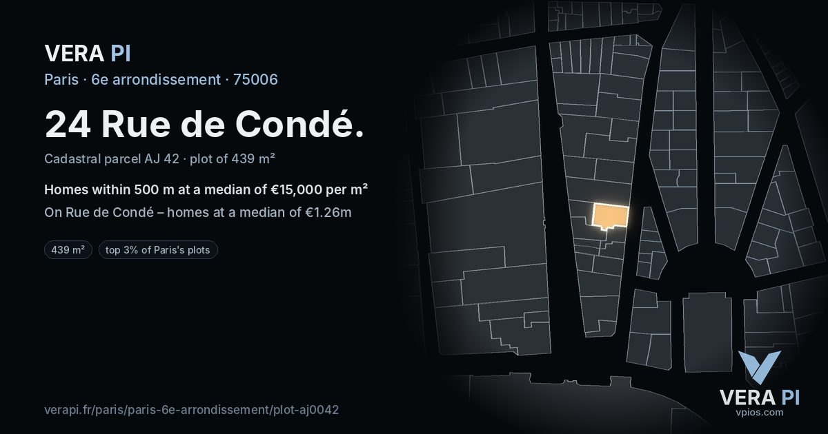 24 Rue de Condé, 6e arrondissement at night – the plot lit, the parcels around coloured by the prices near them