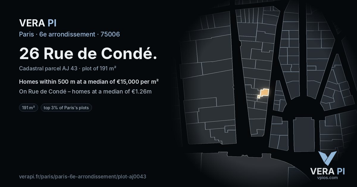26 Rue de Condé, 6e arrondissement at night – the plot lit, the parcels around coloured by the prices near them