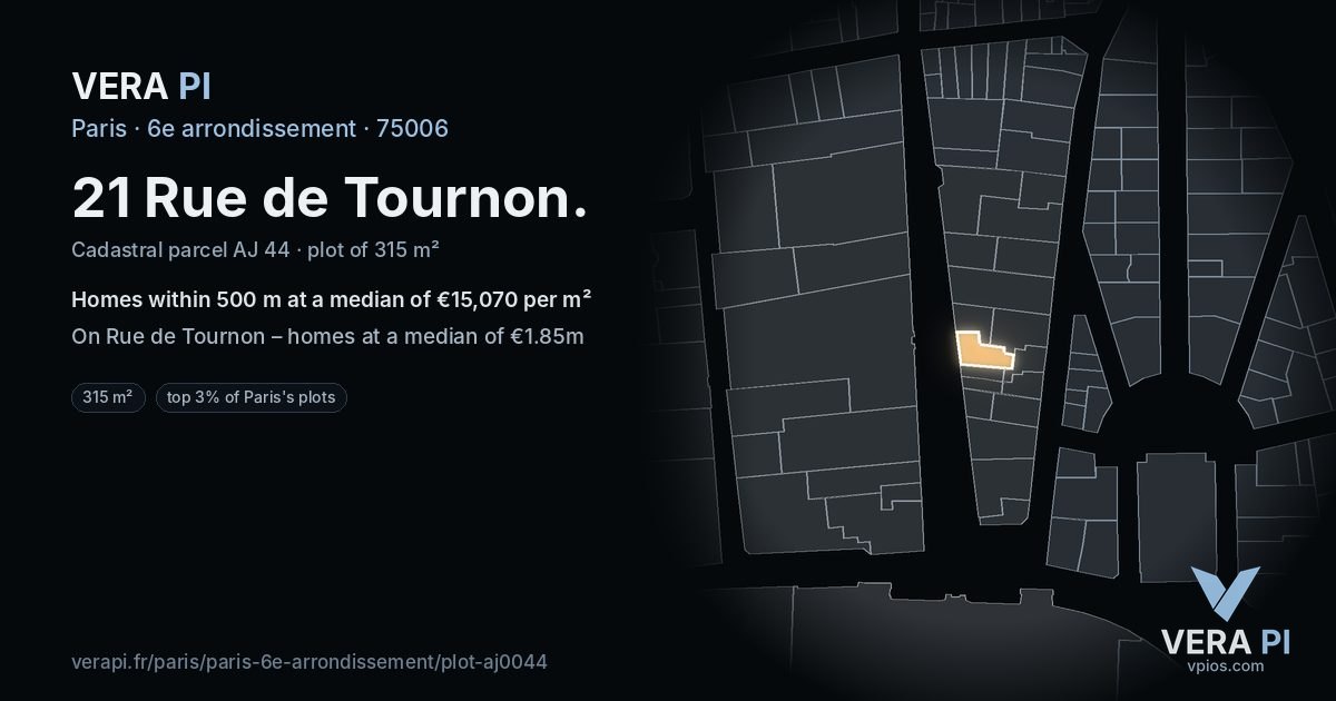 21 Rue de Tournon, 6e arrondissement at night – the plot lit, the parcels around coloured by the prices near them