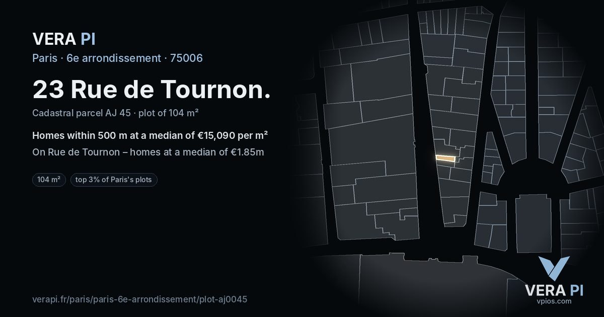 23 Rue de Tournon, 6e arrondissement at night – the plot lit, the parcels around coloured by the prices near them