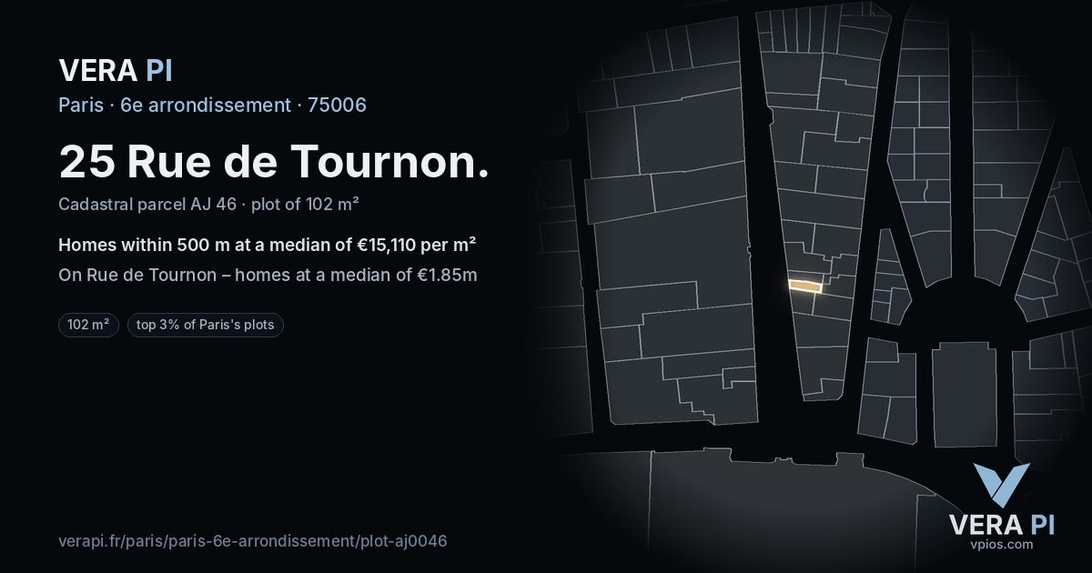 25 Rue de Tournon, 6e arrondissement at night – the plot lit, the parcels around coloured by the prices near them