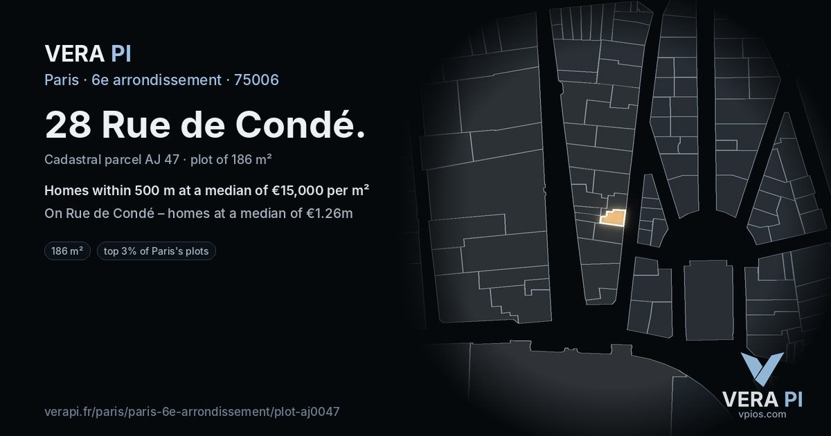 28 Rue de Condé, 6e arrondissement at night – the plot lit, the parcels around coloured by the prices near them