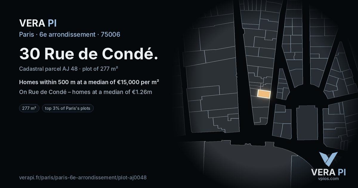30 Rue de Condé, 6e arrondissement at night – the plot lit, the parcels around coloured by the prices near them