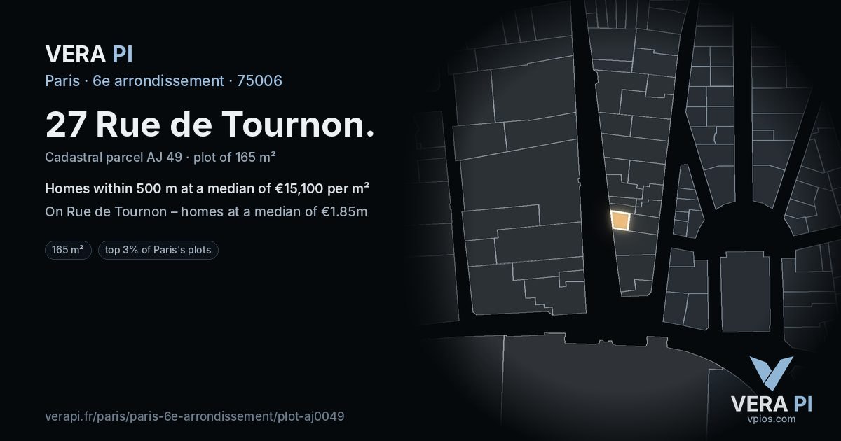 27 Rue de Tournon, 6e arrondissement at night – the plot lit, the parcels around coloured by the prices near them