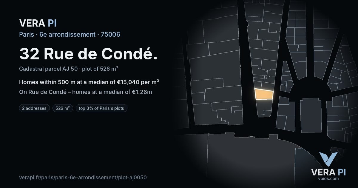 32 Rue de Condé, 6e arrondissement at night – the plot lit, the parcels around coloured by the prices near them