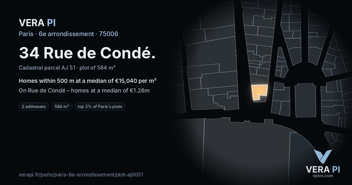 34 Rue de Condé, 6e arrondissement at night – the plot lit, the parcels around coloured by the prices near them