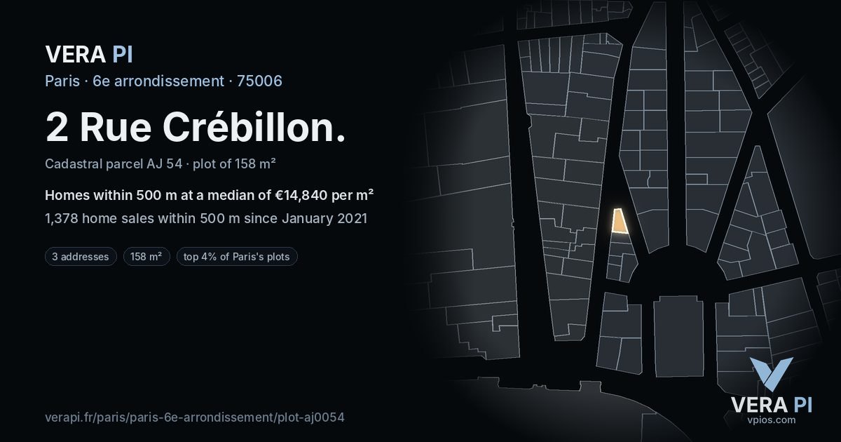 2 Rue Crébillon, 6e arrondissement at night – the plot lit, the parcels around coloured by the prices near them