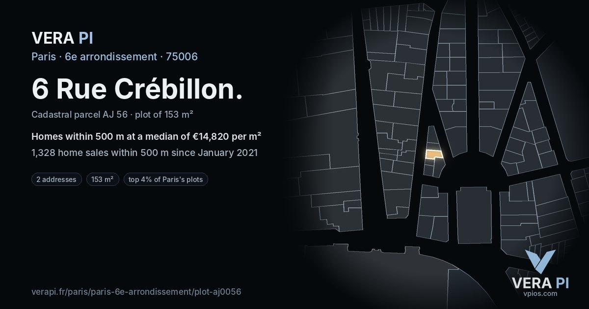 6 Rue Crébillon, 6e arrondissement at night – the plot lit, the parcels around coloured by the prices near them