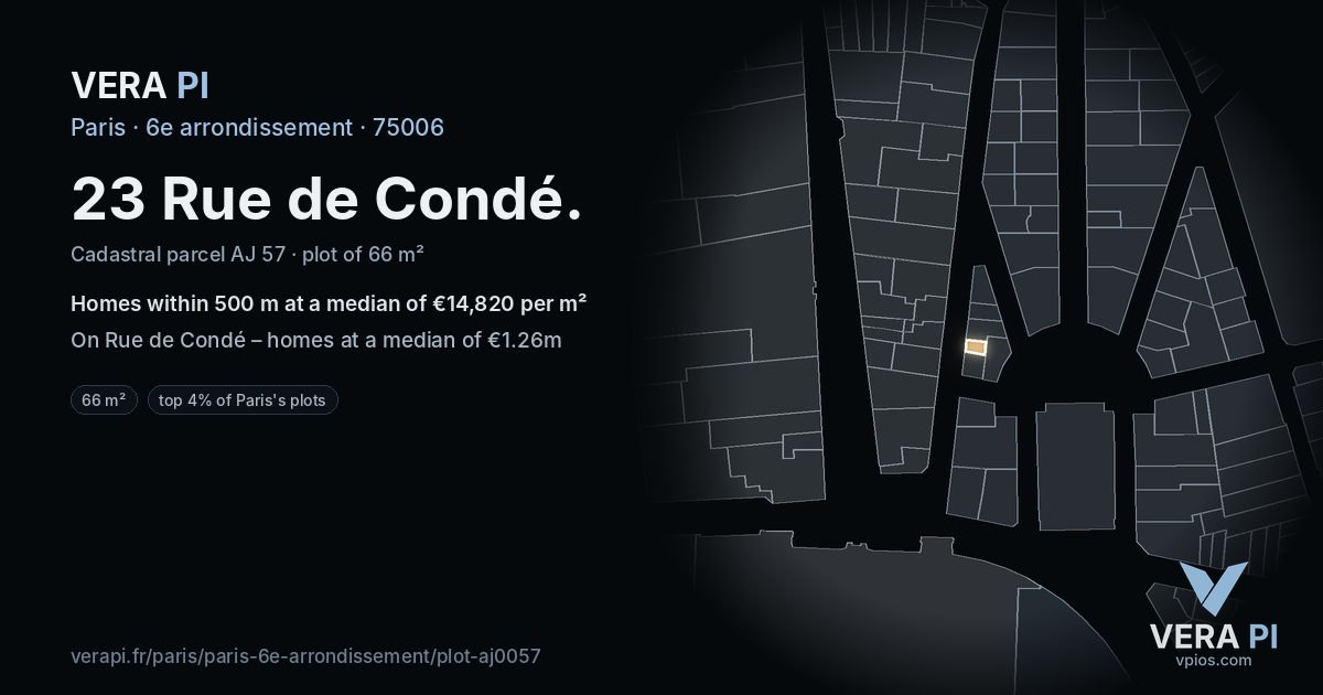 23 Rue de Condé, 6e arrondissement at night – the plot lit, the parcels around coloured by the prices near them