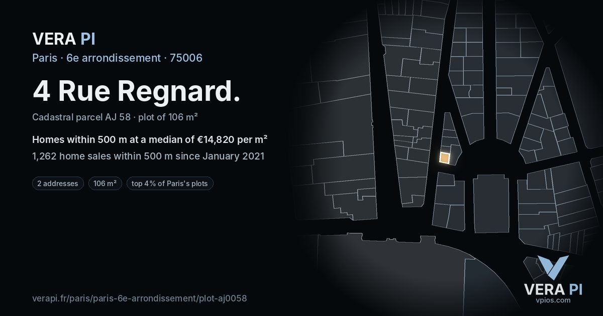 4 Rue Regnard, 6e arrondissement at night – the plot lit, the parcels around coloured by the prices near them