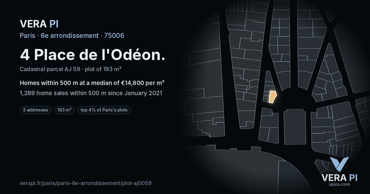 4 Place de l'Odéon, 6e arrondissement at night – the plot lit, the parcels around coloured by the prices near them