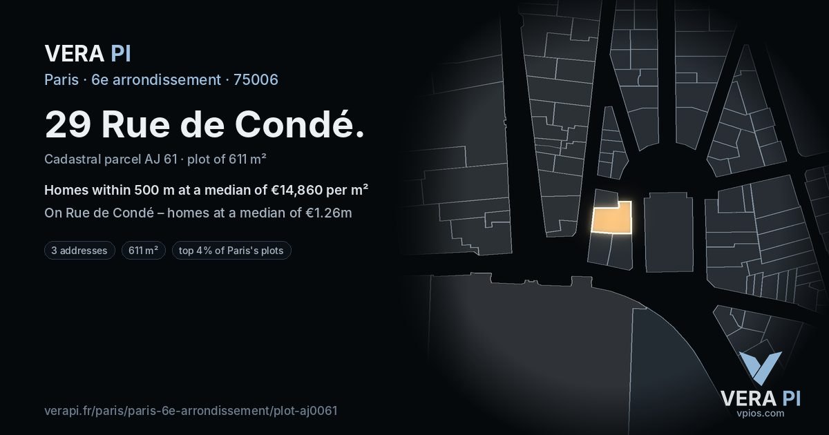 29 Rue de Condé, 6e arrondissement at night – the plot lit, the parcels around coloured by the prices near them