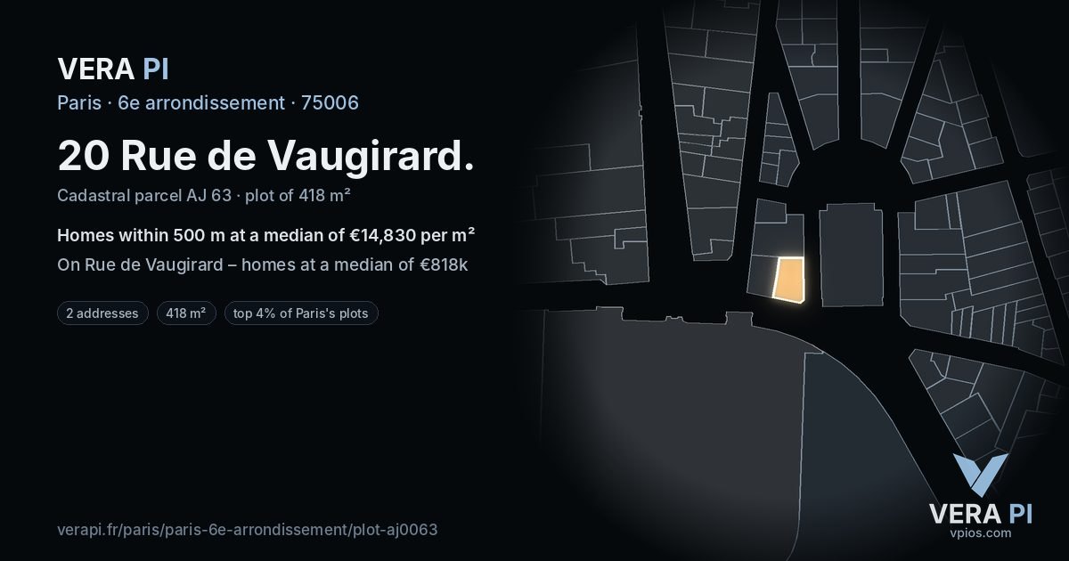 20 Rue de Vaugirard, 6e arrondissement at night – the plot lit, the parcels around coloured by the prices near them