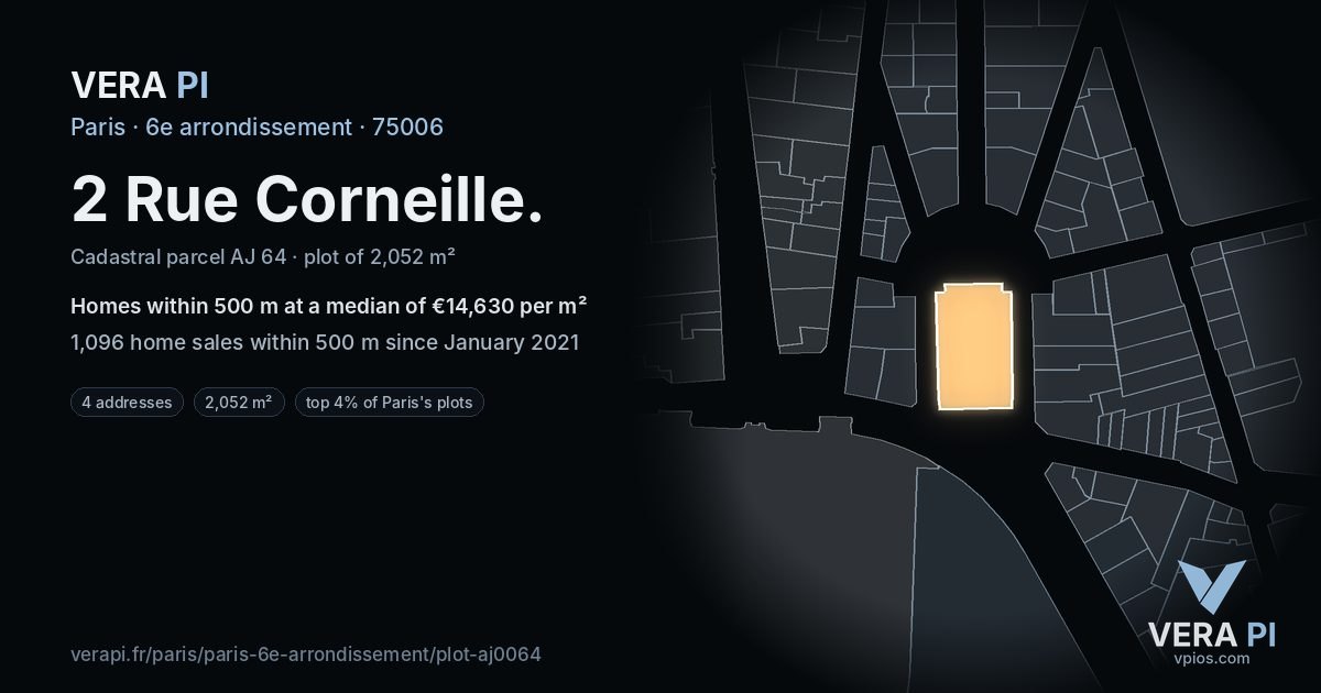 2 Rue Corneille, 6e arrondissement at night – the plot lit, the parcels around coloured by the prices near them