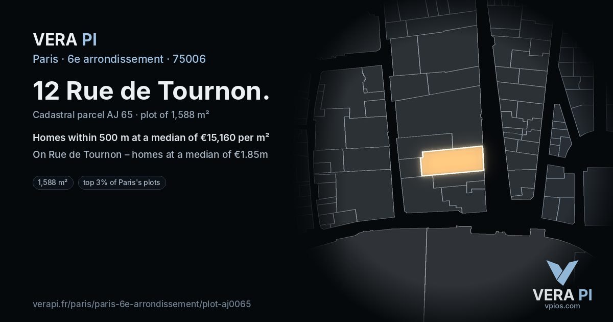 12 Rue de Tournon, 6e arrondissement at night – the plot lit, the parcels around coloured by the prices near them