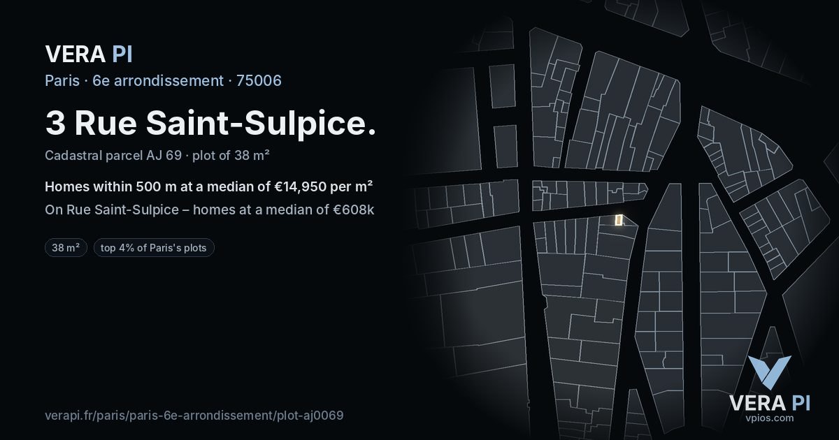 3 Rue Saint-Sulpice, 6e arrondissement at night – the plot lit, the parcels around coloured by the prices near them