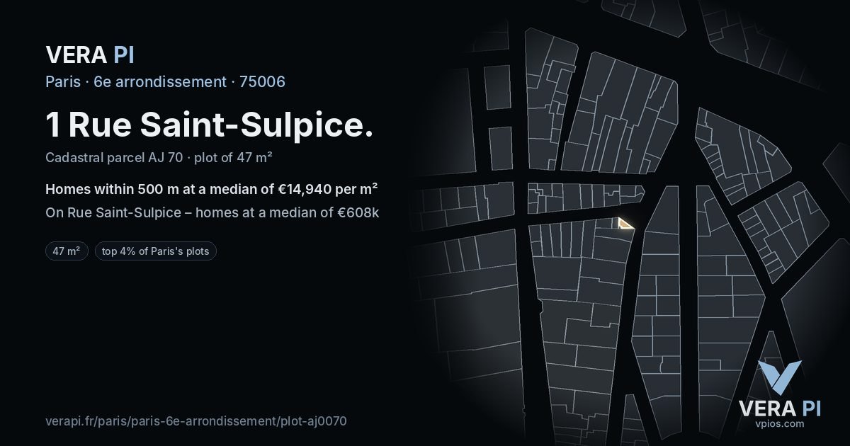 1 Rue Saint-Sulpice, 6e arrondissement at night – the plot lit, the parcels around coloured by the prices near them