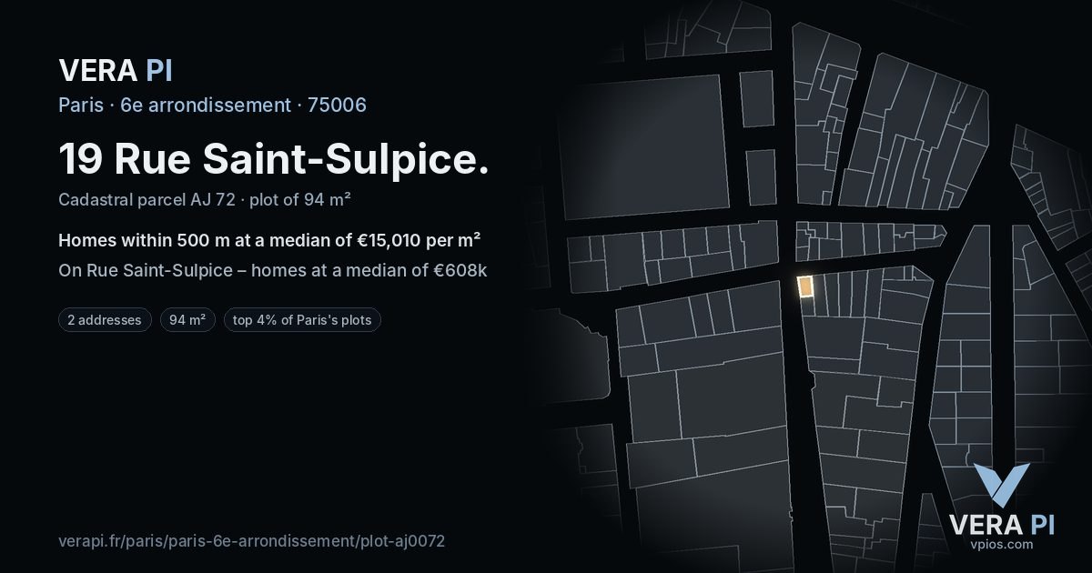 19 Rue Saint-Sulpice, 6e arrondissement at night – the plot lit, the parcels around coloured by the prices near them