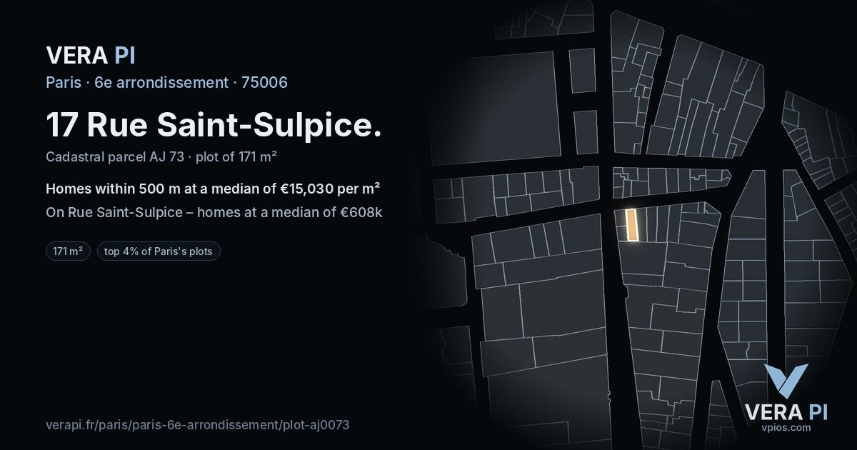 17 Rue Saint-Sulpice, 6e arrondissement at night – the plot lit, the parcels around coloured by the prices near them