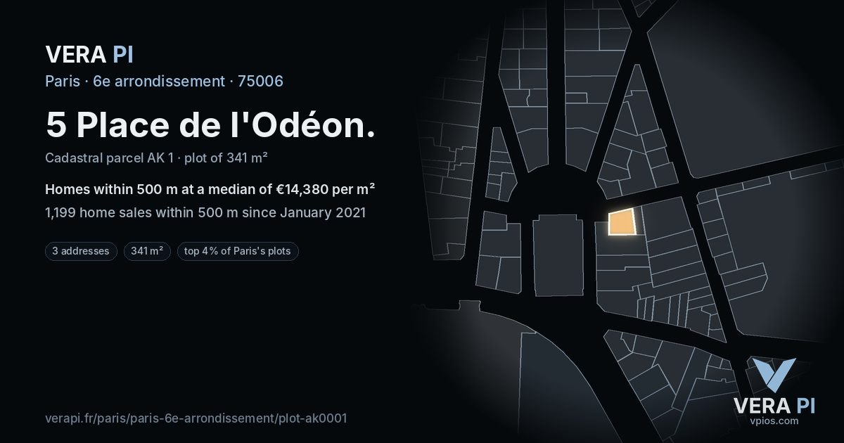 5 Place de l'Odéon, 6e arrondissement at night – the plot lit, the parcels around coloured by the prices near them