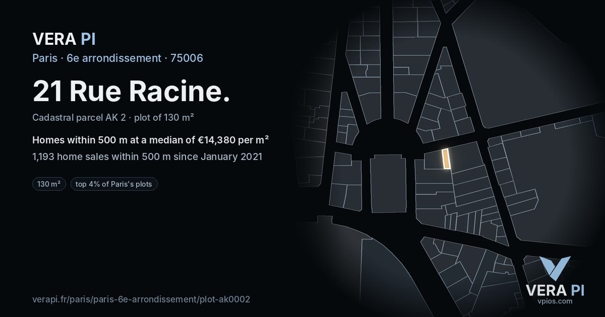 21 Rue Racine, 6e arrondissement at night – the plot lit, the parcels around coloured by the prices near them