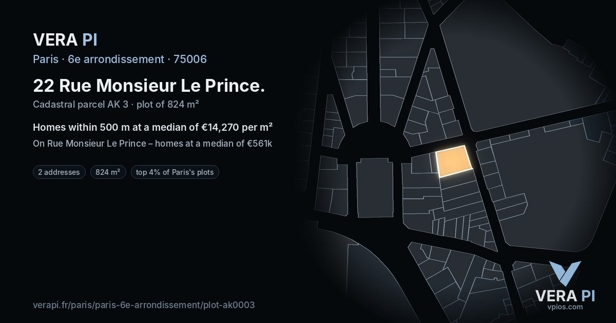 22 Rue Monsieur Le Prince, 6e arrondissement at night – the plot lit, the parcels around coloured by the prices near them