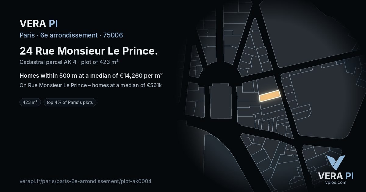 24 Rue Monsieur Le Prince, 6e arrondissement at night – the plot lit, the parcels around coloured by the prices near them
