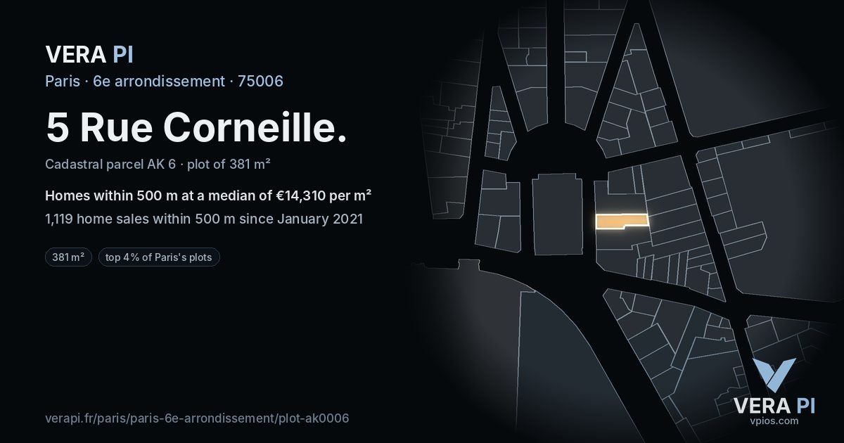 5 Rue Corneille, 6e arrondissement at night – the plot lit, the parcels around coloured by the prices near them