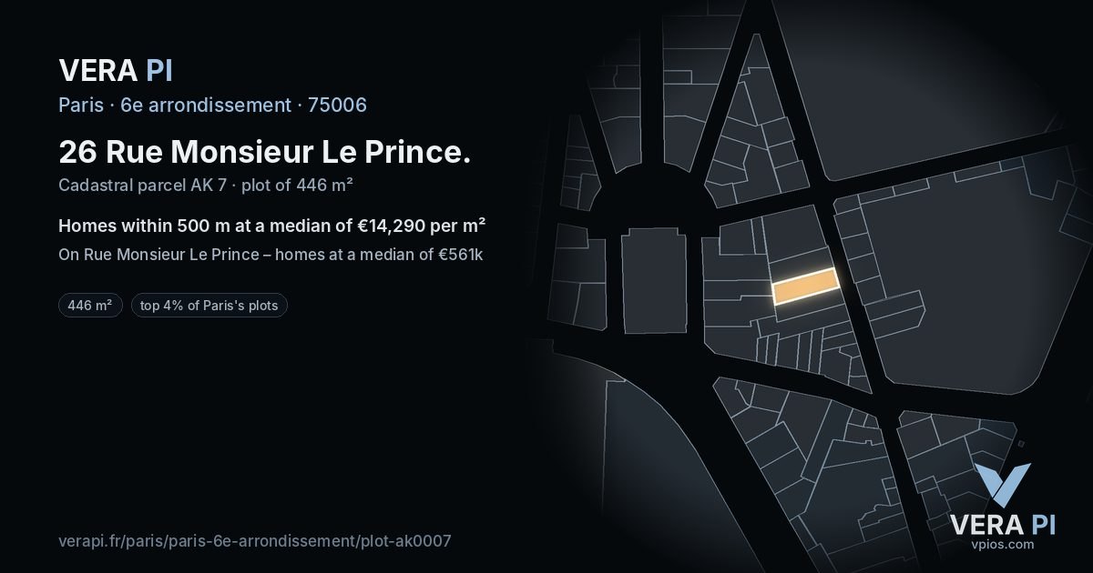 26 Rue Monsieur Le Prince, 6e arrondissement at night – the plot lit, the parcels around coloured by the prices near them