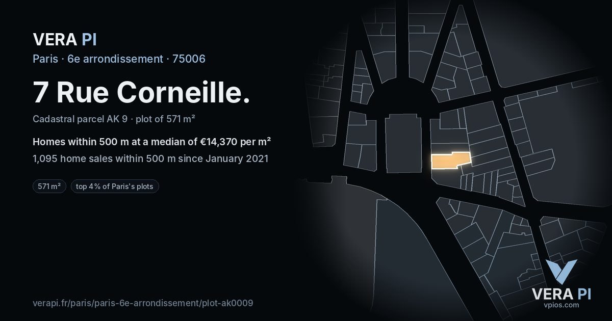 7 Rue Corneille, 6e arrondissement at night – the plot lit, the parcels around coloured by the prices near them
