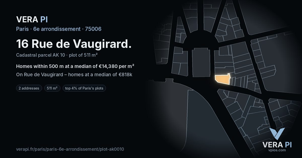 16 Rue de Vaugirard, 6e arrondissement at night – the plot lit, the parcels around coloured by the prices near them