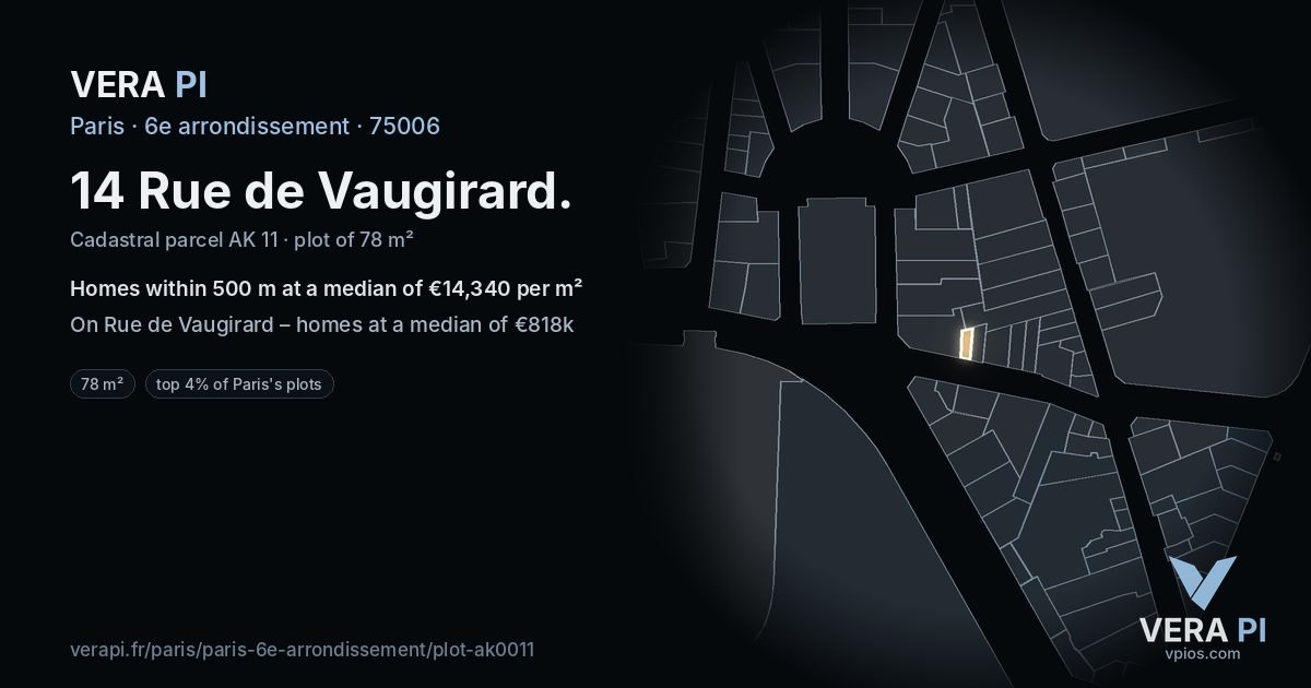 14 Rue de Vaugirard, 6e arrondissement at night – the plot lit, the parcels around coloured by the prices near them