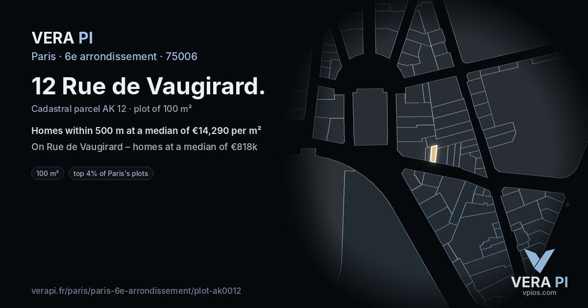 12 Rue de Vaugirard, 6e arrondissement at night – the plot lit, the parcels around coloured by the prices near them