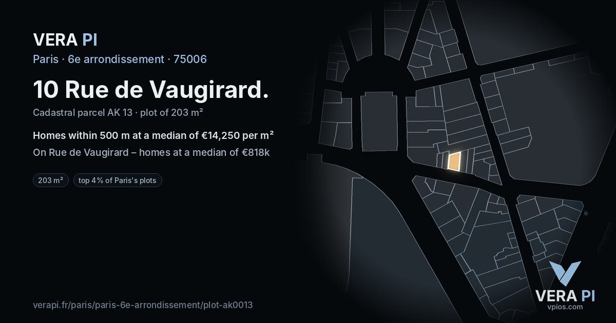10 Rue de Vaugirard, 6e arrondissement at night – the plot lit, the parcels around coloured by the prices near them