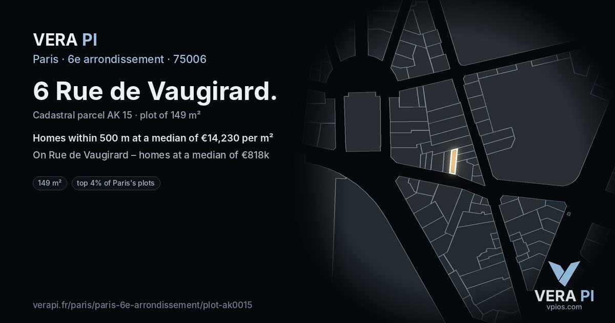 6 Rue de Vaugirard, 6e arrondissement at night – the plot lit, the parcels around coloured by the prices near them