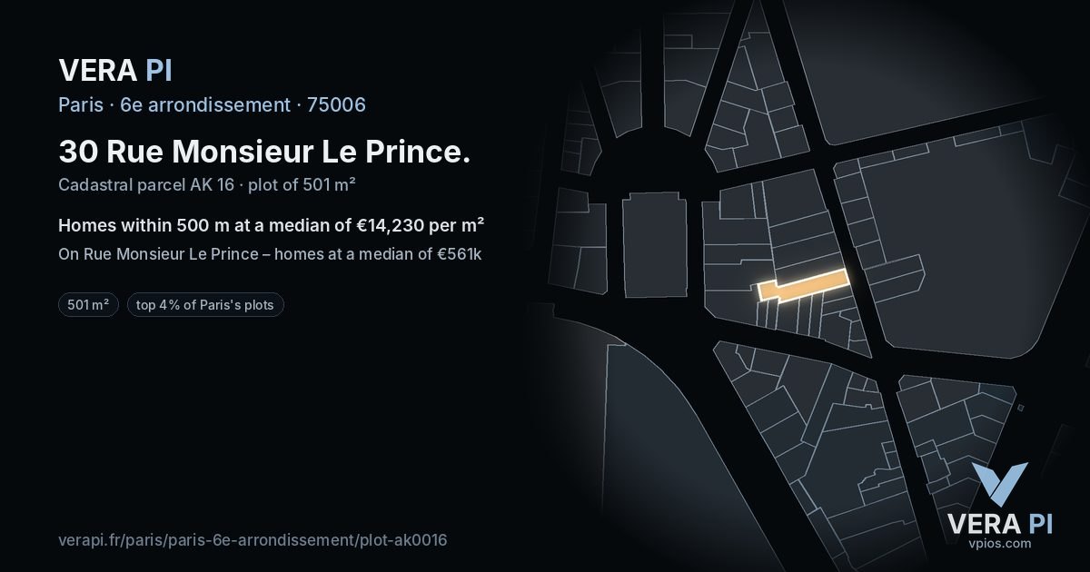 30 Rue Monsieur Le Prince, 6e arrondissement at night – the plot lit, the parcels around coloured by the prices near them