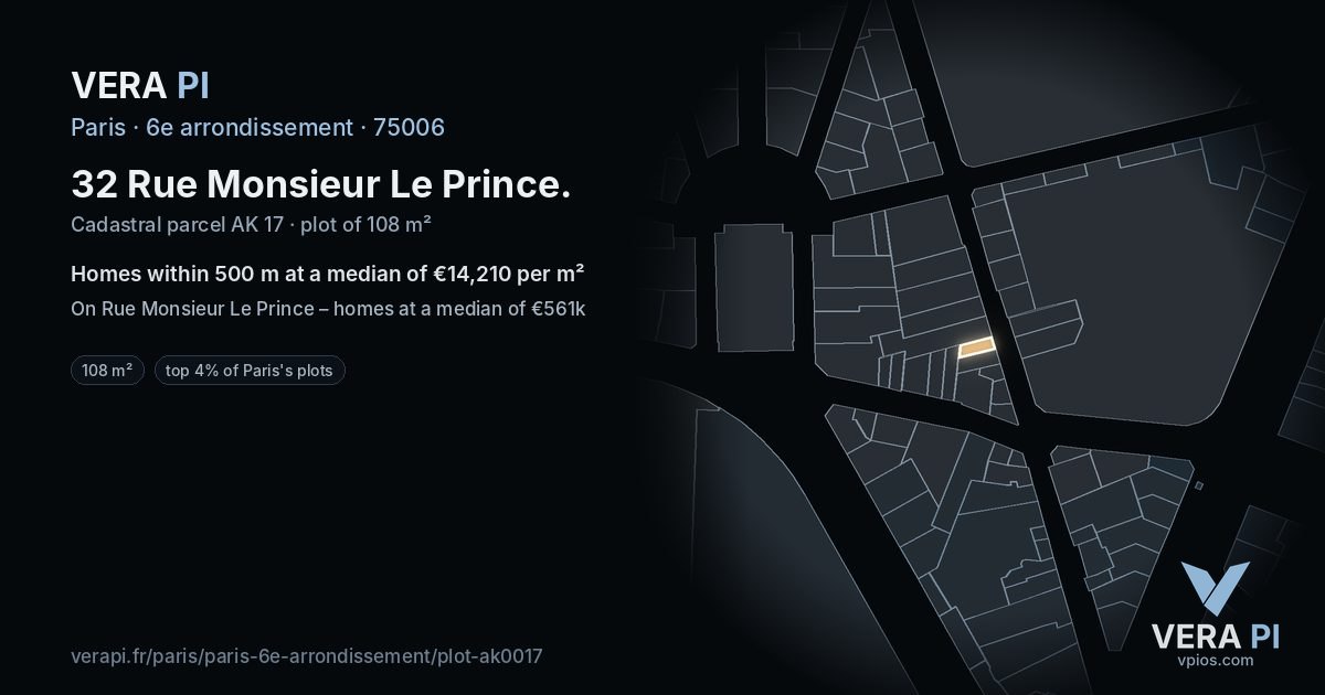 32 Rue Monsieur Le Prince, 6e arrondissement at night – the plot lit, the parcels around coloured by the prices near them