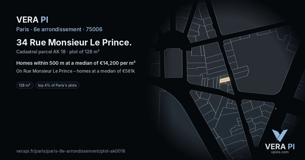 34 Rue Monsieur Le Prince, 6e arrondissement at night – the plot lit, the parcels around coloured by the prices near them