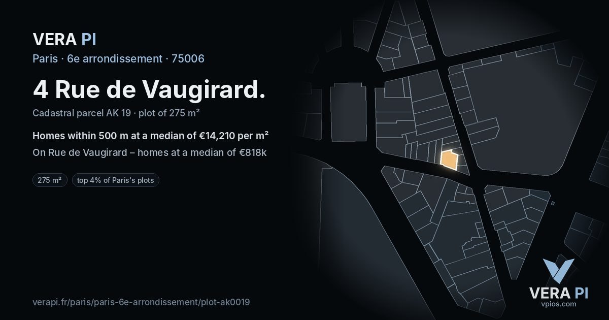 4 Rue de Vaugirard, 6e arrondissement at night – the plot lit, the parcels around coloured by the prices near them