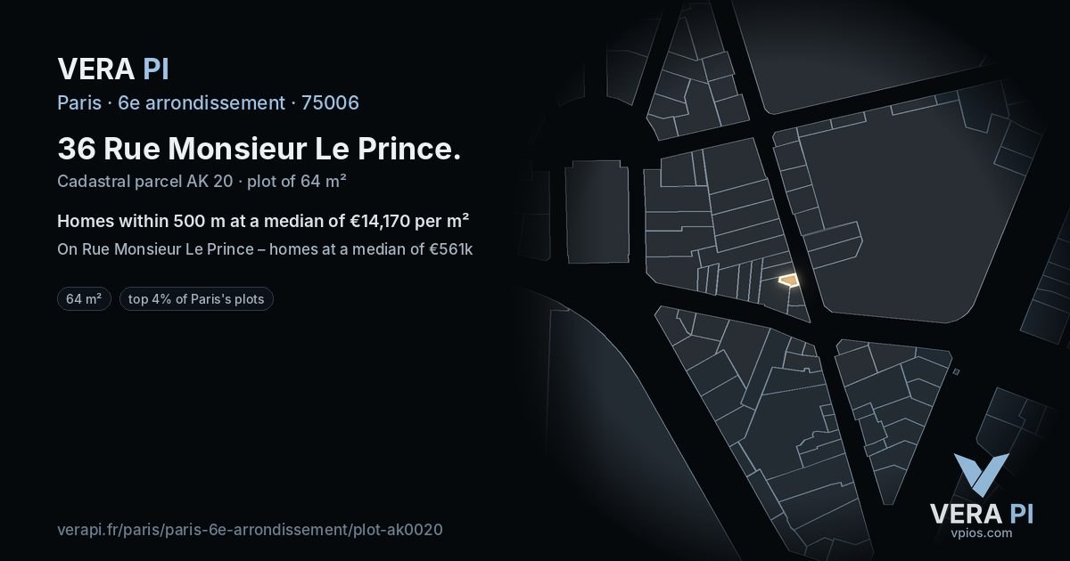 36 Rue Monsieur Le Prince, 6e arrondissement at night – the plot lit, the parcels around coloured by the prices near them