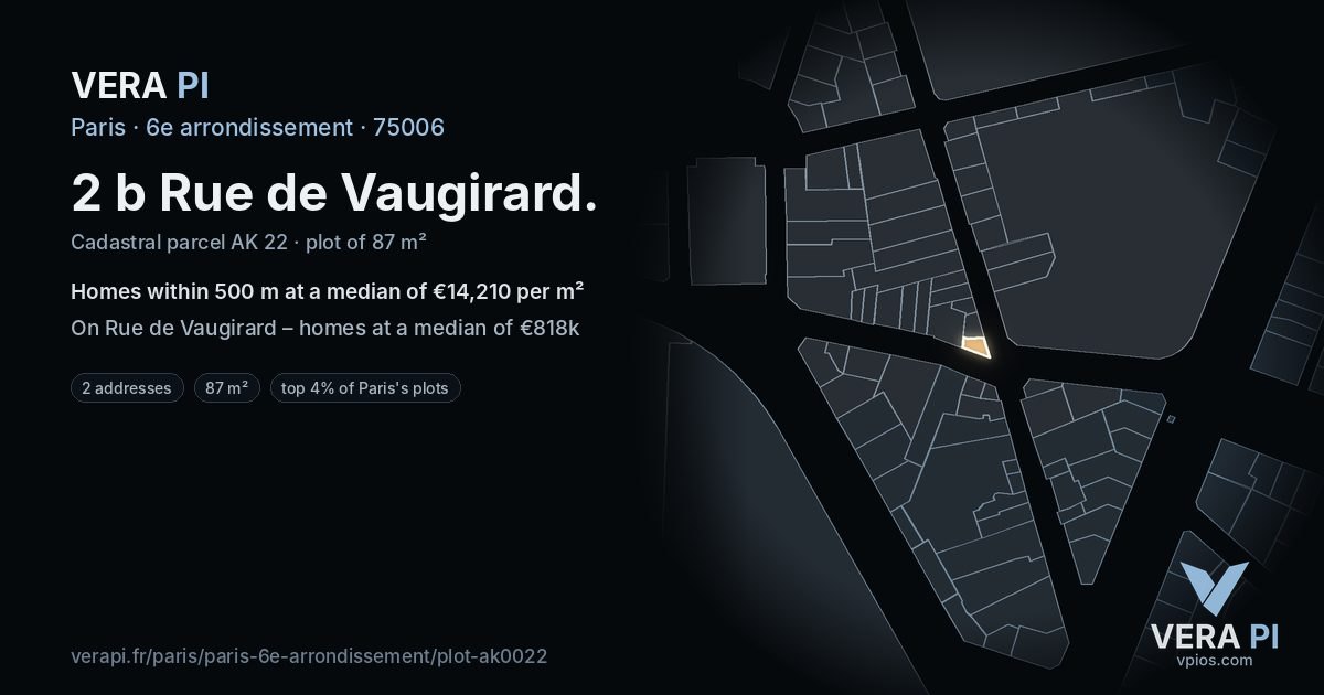 2 b Rue de Vaugirard, 6e arrondissement at night – the plot lit, the parcels around coloured by the prices near them