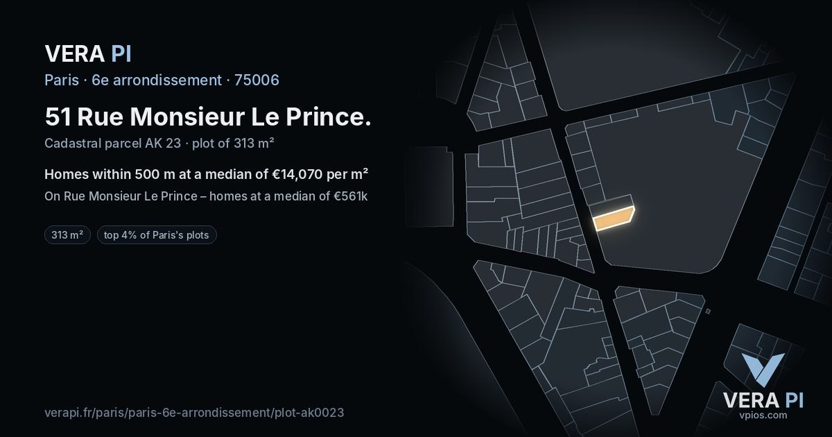 51 Rue Monsieur Le Prince, 6e arrondissement at night – the plot lit, the parcels around coloured by the prices near them