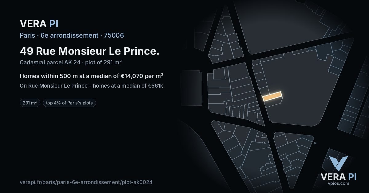 49 Rue Monsieur Le Prince, 6e arrondissement at night – the plot lit, the parcels around coloured by the prices near them