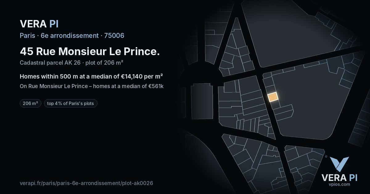 45 Rue Monsieur Le Prince, 6e arrondissement at night – the plot lit, the parcels around coloured by the prices near them