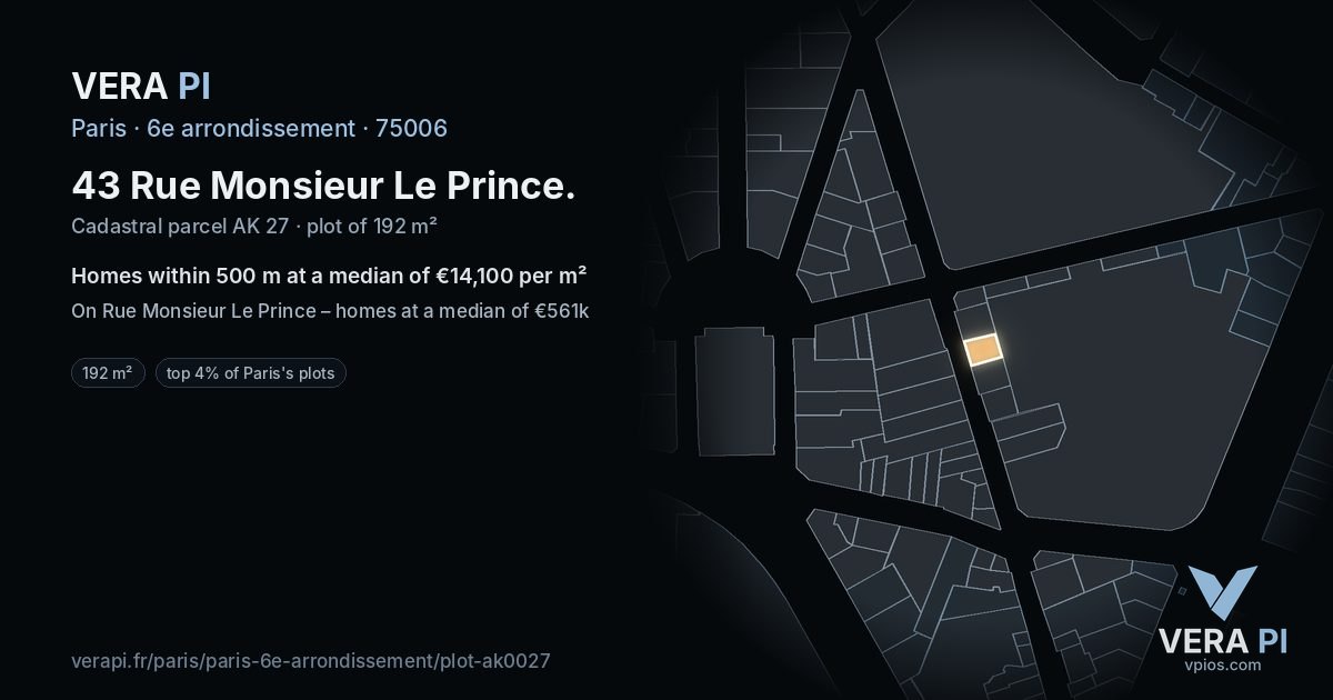 43 Rue Monsieur Le Prince, 6e arrondissement at night – the plot lit, the parcels around coloured by the prices near them