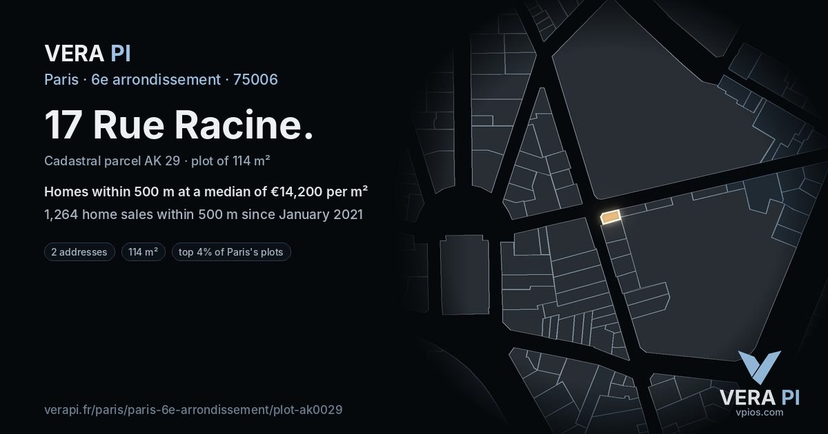 17 Rue Racine, 6e arrondissement at night – the plot lit, the parcels around coloured by the prices near them