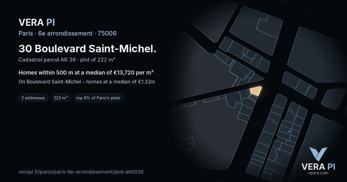 30 Boulevard Saint-Michel, 6e arrondissement at night – the plot lit, the parcels around coloured by the prices near them