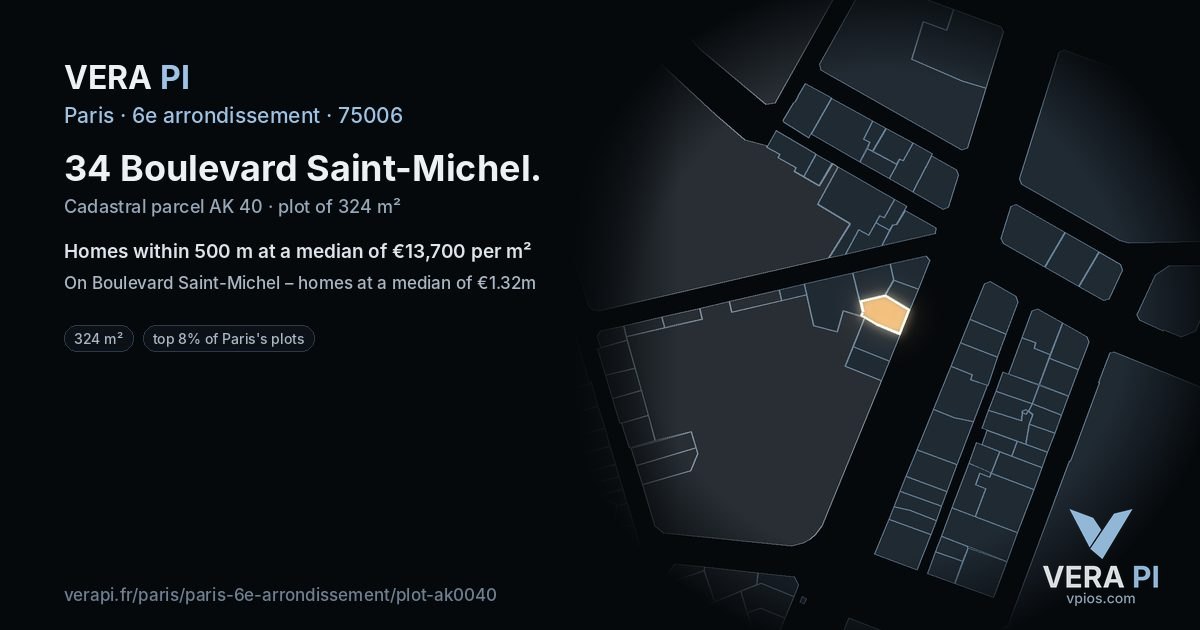 34 Boulevard Saint-Michel, 6e arrondissement at night – the plot lit, the parcels around coloured by the prices near them
