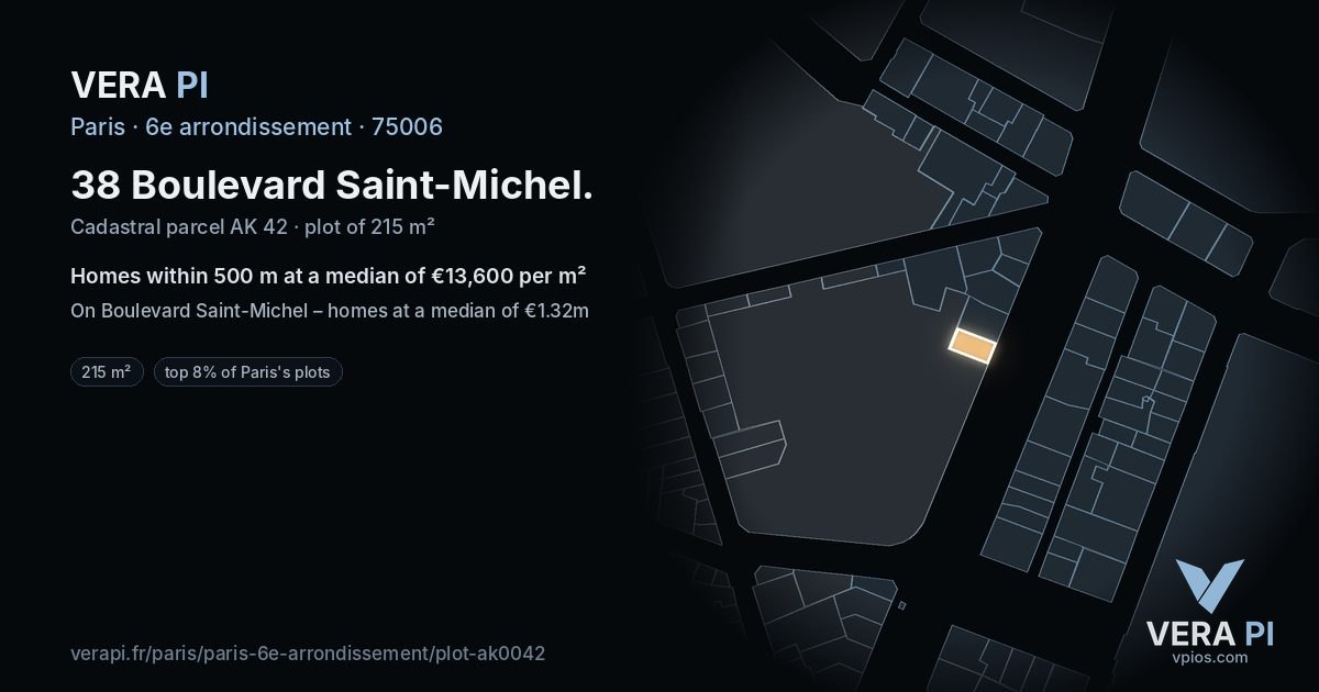 38 Boulevard Saint-Michel, 6e arrondissement at night – the plot lit, the parcels around coloured by the prices near them